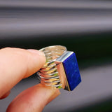 (T) Solid Sterling Silver & Natural Lapis Lazuli Rectangle Cage Band Handmade Ring