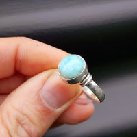 (T) Solid Sterling Silver & Natural Larimar Handmade Round Solitaire Ring