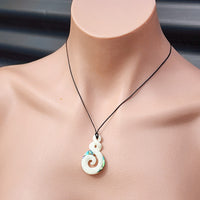 Natural Hand Carved Maori Bone Carving Pendant Necklace - Etched Koru Twist - Paua Inlay