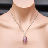 Silver Plated Natural Amethyst Handmade Oval Pendant & Chain Necklace (30X32)