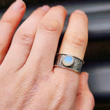 (T) Solid 925 Sterling Silver & Natural Moonstone Rustic Handmade Textured Ring