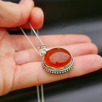 100% Solid Sterling Silver & Natural Amber Handmade Round Pendant Necklace
