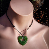 NZ Greenstone Pounamu Double Koru Heart Pendant Necklace (N1032)