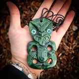 Natural Nephrite Jade XL Hei Tiki Pendant Necklace (N1056)