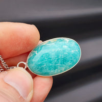 Silver Plated & Natural Amazonite Handmade Oval Pendant & Chain Necklace (30X9)