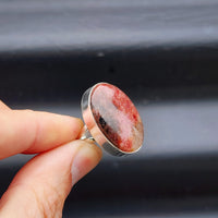 (O) Solid Sterling Silver & Natural Rhodonite Handmade Oval Solitaire Ring