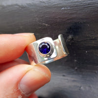(R) Solid Sterling Silver & Blue Sapphire Handmade Wide Band Ring