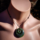 NZ Greenstone Pounamu Round Koru Pendant Necklace (N1022)