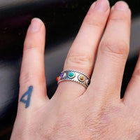 Solid Oxidized 925 Sterling Silver & Mixed Gemstone Band Ring