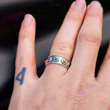 Solid Oxidized 925 Sterling Silver & Mixed Gemstone Band Ring
