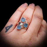 (Adjustable) Solid 925 Sterling Silver & Natural Raw Aquamarine 3x Setting Ring