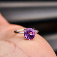 Solid 925 Sterling Silver & Natural Amethyst 8mm Faceted Clawed Signet Ring