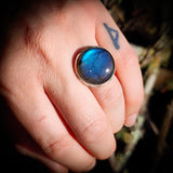 (Q) Solid 925 Sterling Silver & Natural Labradorite Round Handmade Ring