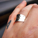 Solid 925 Sterling Silver Concaved Hammer Finish Wide Band Ring