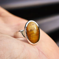 Solid 925 Sterling Silver & 18mm Natural Tiger Eye Oval Solitaire Ring