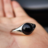 Solid 925 Sterling Silver & Natural Black Onyx 10mm Round Signet Ring