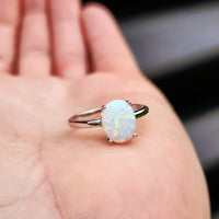 (Q) Solid 925 Sterling Silver & 10mm White Created Opal Solitaire Ring