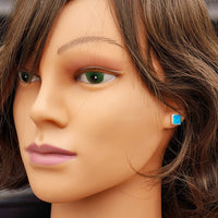 Solid 925 Sterling Silver & 8mm Created Opal Square Stud Earrings