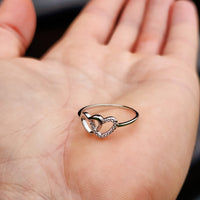 (Q) Solid 925 Sterling Silver & CZ Double Heart Ring