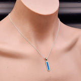 Solid 925 Sterling Silver & Created Blue Opal Rectangle Pendant Necklace