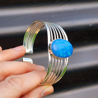 Solid 925 Sterling Silver & Created Opal Cage Cuff Bracelet