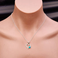 Solid 925 Sterling Silver & Created Blue Opal Double Heart Pendant Necklace