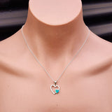 Solid 925 Sterling Silver & Created Blue Opal Double Heart Pendant Necklace