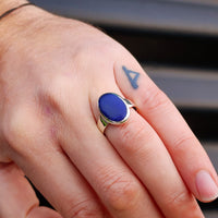 Solid 925 Sterling Silver & Natural Lapis Lazuli Oval Signet Ring