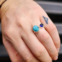 (Q) Solid 925 Sterling Silver & Natural Larimar With Blue Topaz Double Stone Ring
