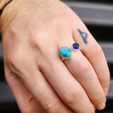 (Q) Solid 925 Sterling Silver & Natural Larimar With Blue Topaz Double Stone Ring