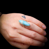 (Y) 925 Sterling Silver & Natural Larimar Long Oval Handmade Ring