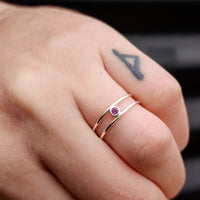 Solid 925 Sterling Silver & Natural Amethyst  Double Band Ring