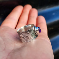 Solid 925 Sterling Silver & Natural Amethyst Textured Wide Band Ring