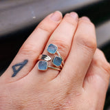(Adjustable) Solid 925 Sterling Silver & Natural Aquamarine 3x Setting Ring