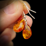 Solid 925 Sterling Silver & Cognac Amber Hanging Waterdrop Earrings