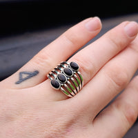 (T) Solid 925 Sterling Silver & Natural Black Onyx 4 Setting Cage Ring