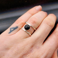 Rustic Handmade Solid 925 Sterling Silver & Natural Black Onyx Double Band Ring