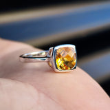 Solid 925 Sterling Silver & Natural Citrine Square Faceted Stone Ring