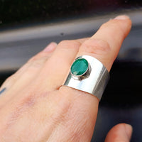 (Y) Solid Sterling Silver & Natural Emerald Handmade Rustic Cuff Ring