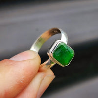 Rustic Solid 925 Sterling Silver & Natural Emerald Handmade Rectangle Ring