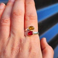 Solid 925 Sterling Silver & Natural Garnet & Citrine Double Stone Ring