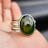 (T) Solid 925 Sterling Silver & Natural Greenstone Handmade 3 Bar Cage Ring