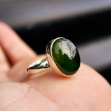 (Q) Solid 925 Sterling Silver & Natural Greenstone Handmade Oval Signet Ring