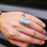 925 Sterling Silver & Natural Larimar Long Oval Handmade Ring