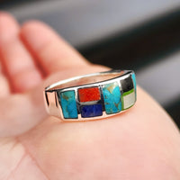 Solid 925 Sterling Silver & Natural Mixed Gemstone Band Ring