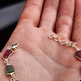 Solid 925 Sterling Silver & Natural Raw Mixed Tourmaline Chain Bracelet