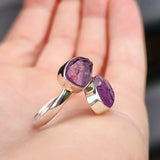 (Adjustable) 925 Sterling Silver & Natural Raw Amethyst Double Stone Ring
