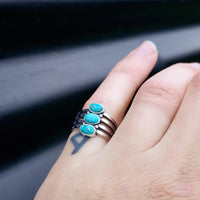 Solid 925 Oxidized Sterling Silver & Natural Turquoise 3 Setting Cage Ring