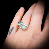 Adjustable Handmade Solid 925 Sterling Silver, Natural Aquamarine & Moonstone Double Stone Ring