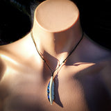 Natural Carved Maori Bone Carving Pendant Necklace - Feather With Paua Inlay
